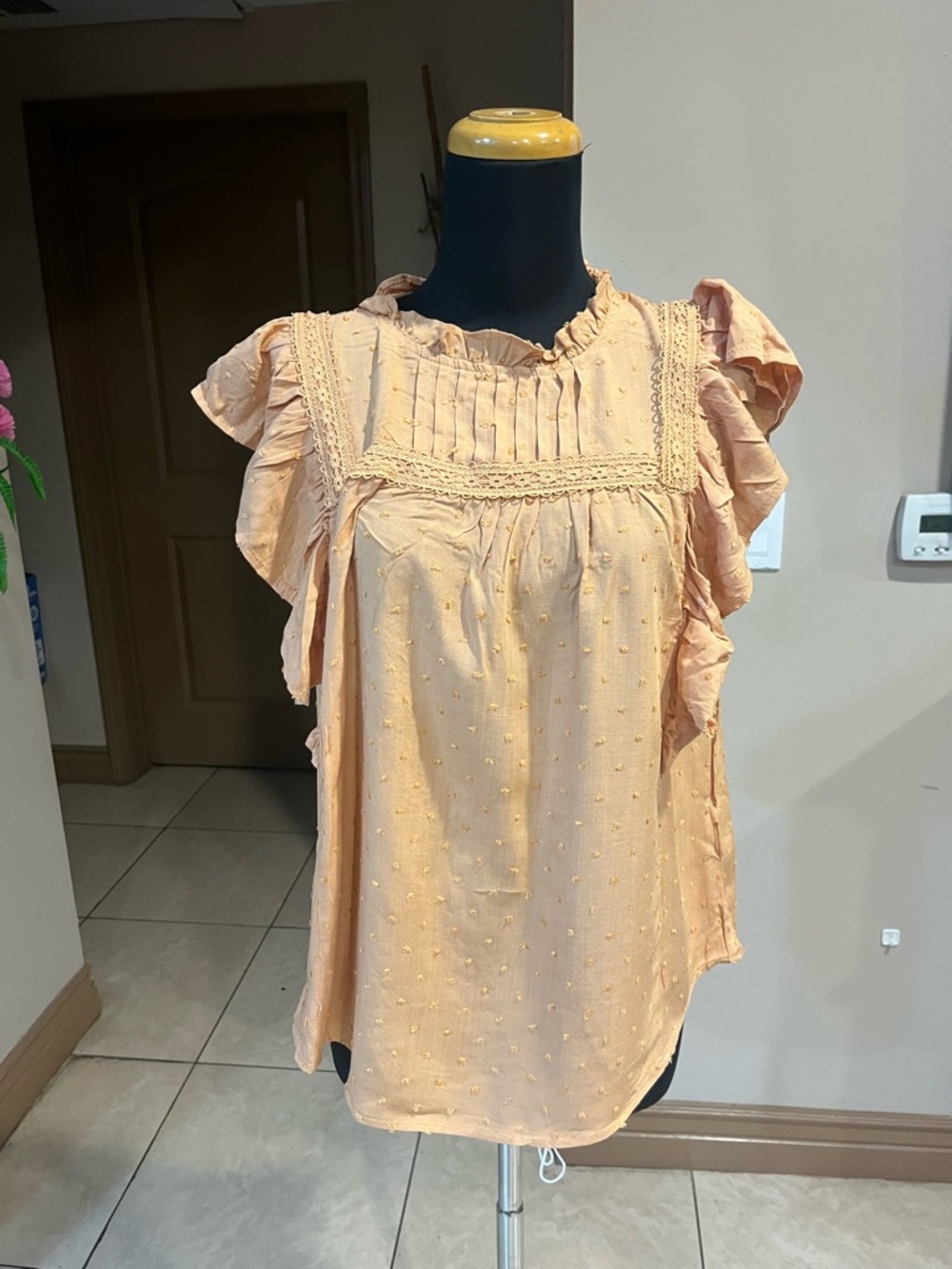 mine Peach Ruffle-Sleeve Swiss Dot Blouse - Picture 2 of 5